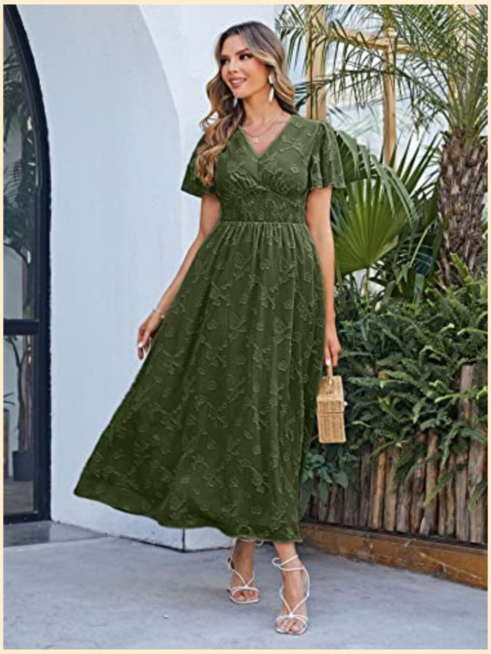 Women's Flowy Boho Floral Maxi Dress V-Neck Short Sleeve Smocked Waist Casual - Picture 3 of 7